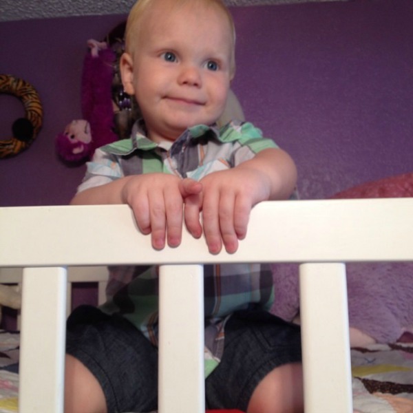 Cam has learned to climb to the top bunk. He's quite proud of himself!